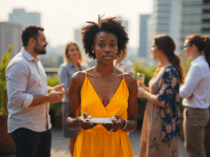 A woman standing alone at a networking meeting