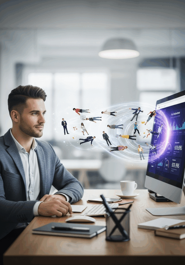 man at desk with illustration of clients coming out of his laptop