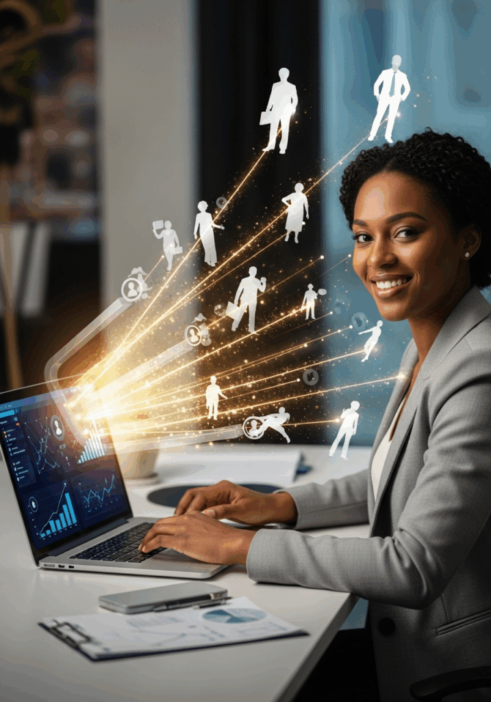 woman at a laptop with illustrations of people coming out of her laptop